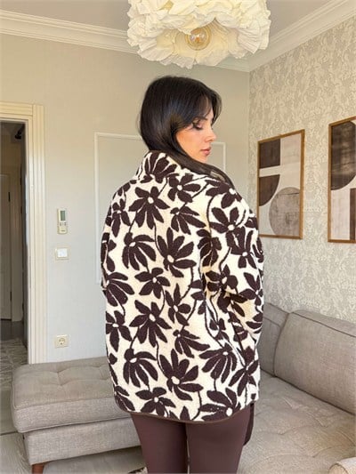 KAHVE ÇİÇEK DESENLİ POLAR HIRKA