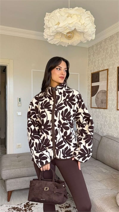 KAHVE ÇİÇEK DESENLİ POLAR HIRKA