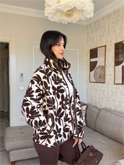 KAHVE ÇİÇEK DESENLİ POLAR HIRKA