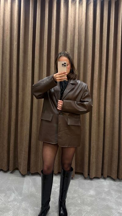 KAHVERENGİ DERİ BLAZER CEKET