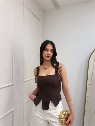 KAHVERENGİ KETEN KORSE BLUZ