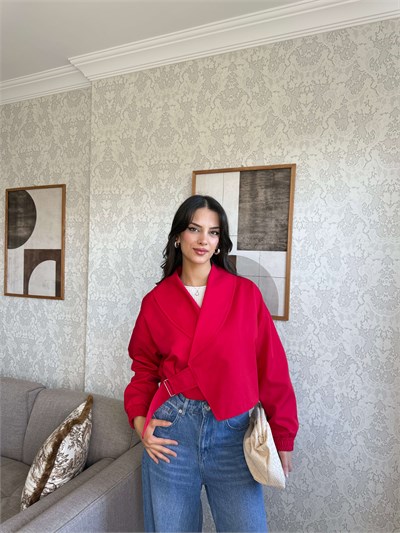KIRMIZI KEMERLİ CROP  CEKET