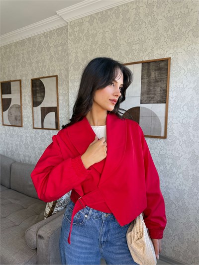 KIRMIZI KEMERLİ CROP  CEKET