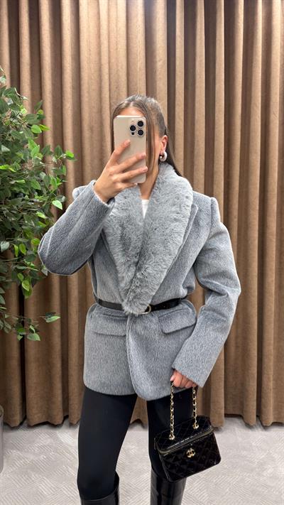 KÜRK YAKA PELUŞLU CEKET-GRİ
