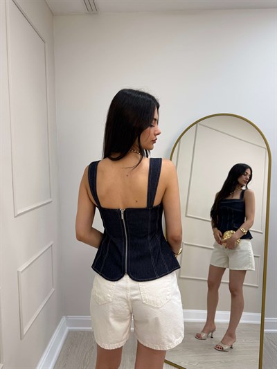 LACİVERT DENİM KORSE BLUZ