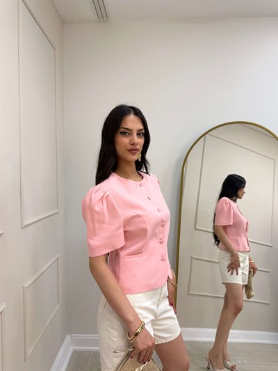 PEMBE KISA KOL DÜĞMELİ CEKET