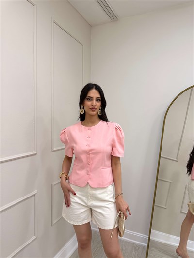 PEMBE KISA KOL DÜĞMELİ CEKET