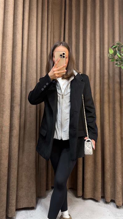 SİYAH HIRKA DETAYLI KAPÜŞONLU BLAZER CEKET