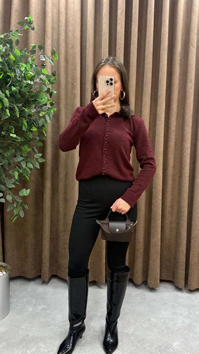 YAKASI LEPOAR DETAYLI DÜĞMELİ TRİKO HIRKA-BORDO