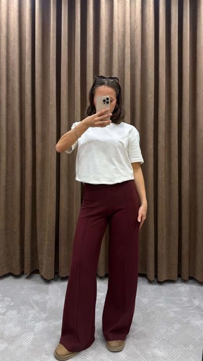 YÜKSEK BEL ÖRME PANTOLON-BORDO