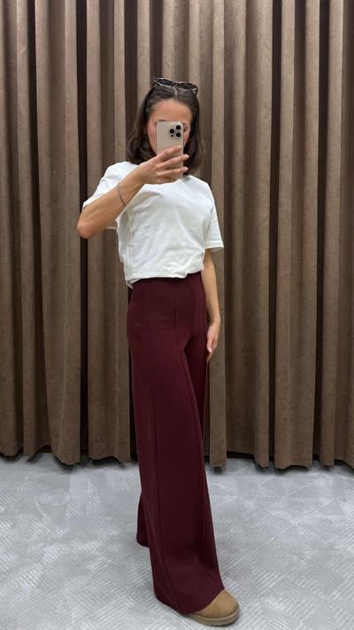 YÜKSEK BEL ÖRME PANTOLON-BORDO