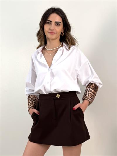 Leopar Manşet Detaylı Beyaz Gömlek