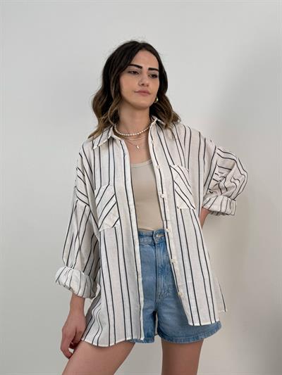 Oversize Bej Çizgili Gömlek