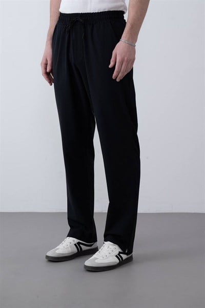 Beli Lastikli ve Bağcıklı Relaxed Fit Erkek Pantolon Siyah