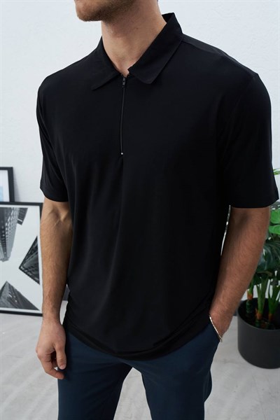 Erkek Fermuarlı Dökümlü Oversize Polo Yaka T-Shirt Siyah