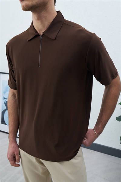 Erkek Fermuarlı Dökümlü Oversize Polo Yaka T-Shirt Kahve