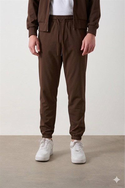Erkek Kahve Slim Fit Pamuklu Kordonlu Jogger