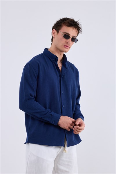 Uzun Kol Oversize Kesim Keten Gömlek Lacivert