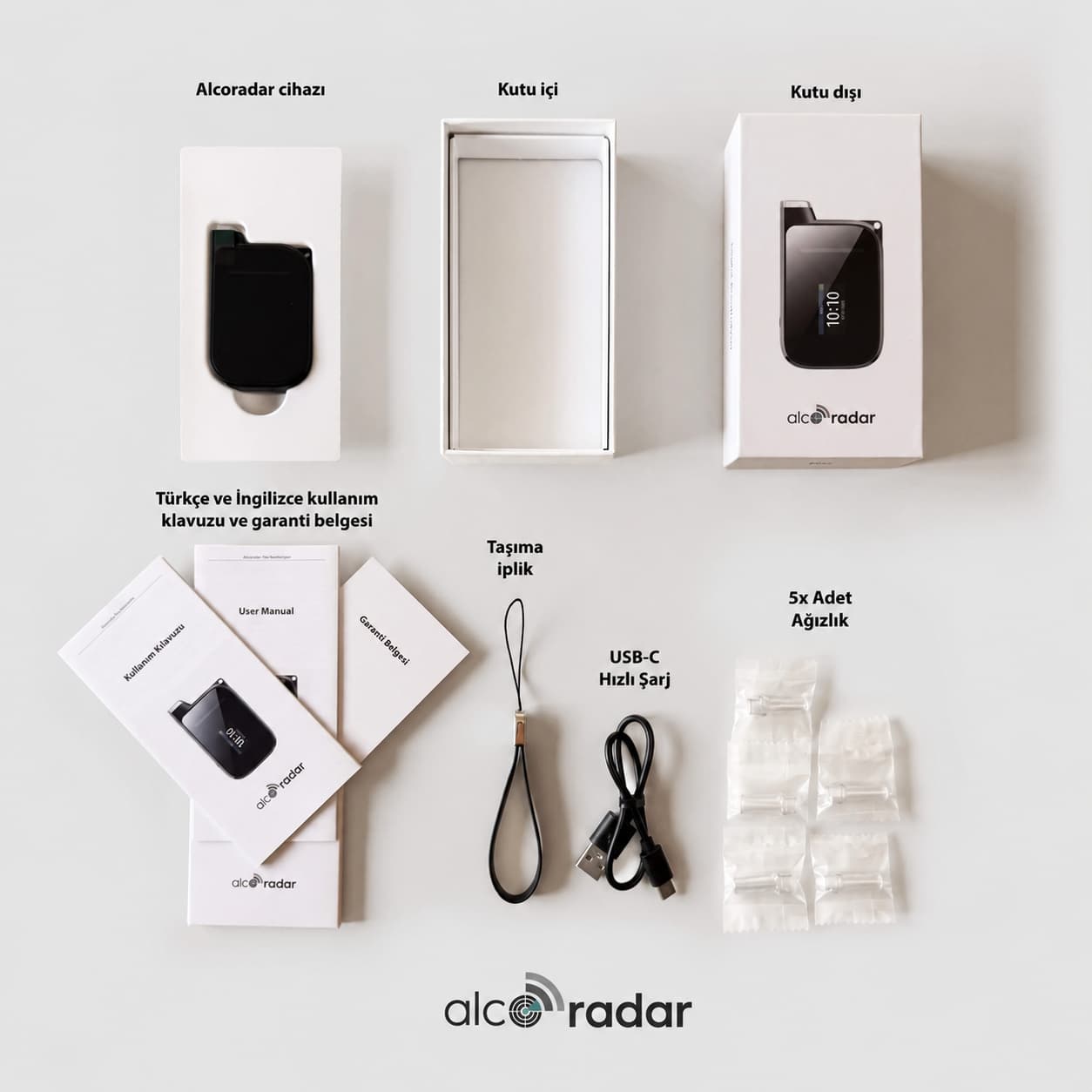 Alcoradar Pro dijital alkolmetre kutu içeriği ve aksesuarları