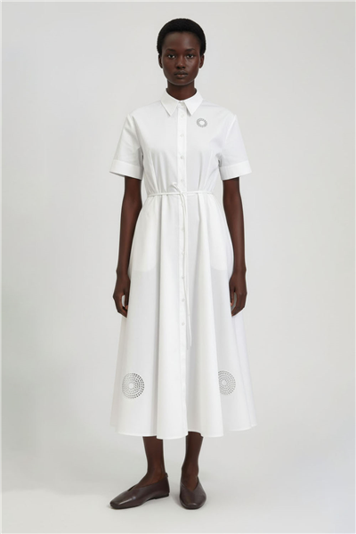 Beyaz İşlemeli Gömlek Yaka Midi Elbise