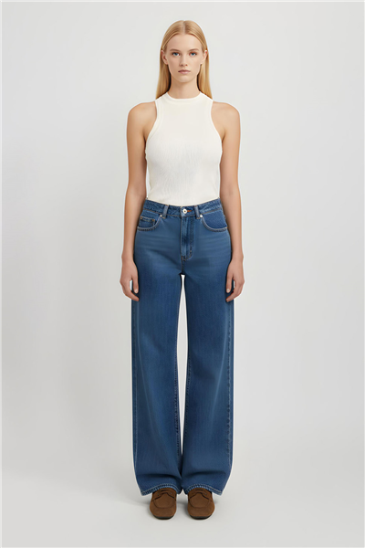 Beyaz Yüksek Bel Geniş Paça Denim Pantolon