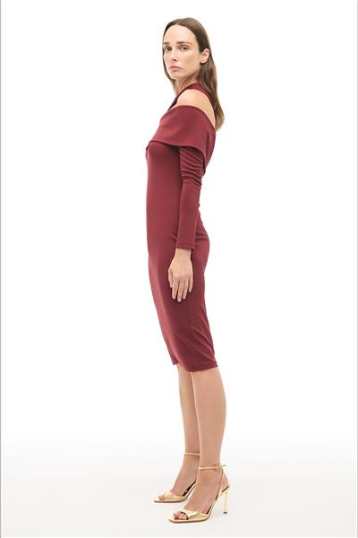 Bordo Asimetrik Yaka Slim Fit Diz Altı Elbise