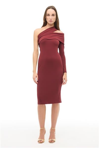 Bordo Asimetrik Yaka Slim Fit Diz Altı Elbise