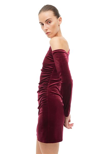 Bordo Asimetrik Yaka Tek Kol Mini Elbise
