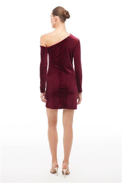Bordo Asimetrik Yaka Tek Kol Mini Elbise