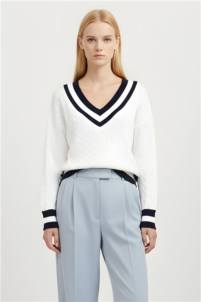 Ekru V-Yaka Triko Bluz