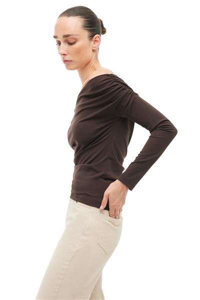 Kahverengi Asimetrik Yaka Slim Fit Bluz
