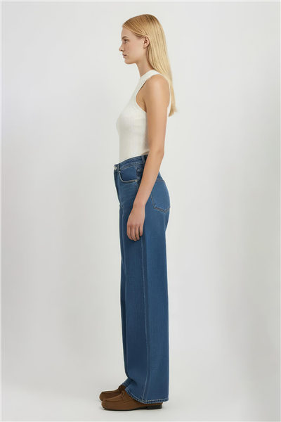 Lacivert Yüksek Bel Geniş Paça Denim Pantolon