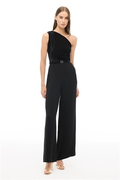 Siyah Asimetrik Yaka Slim Fit Tulum