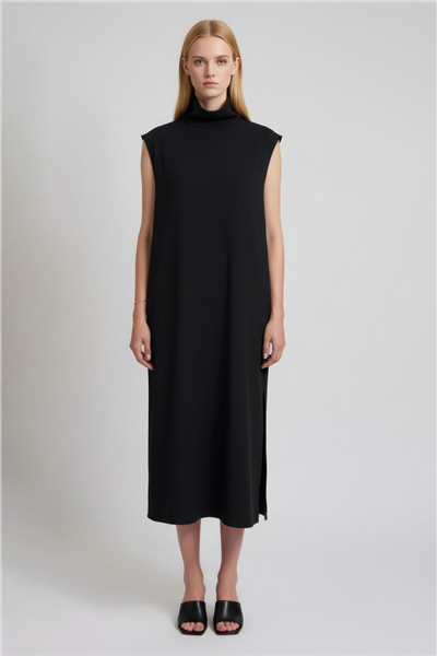 Siyah Bağlamalı Yaka Midi Elbise