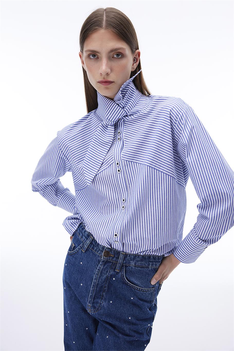 Adalias Regular Fit Çizgili Desen Standart Boy Düşük Kollu Gömlek Yaka Beyaz İndigo Gömlek · 3