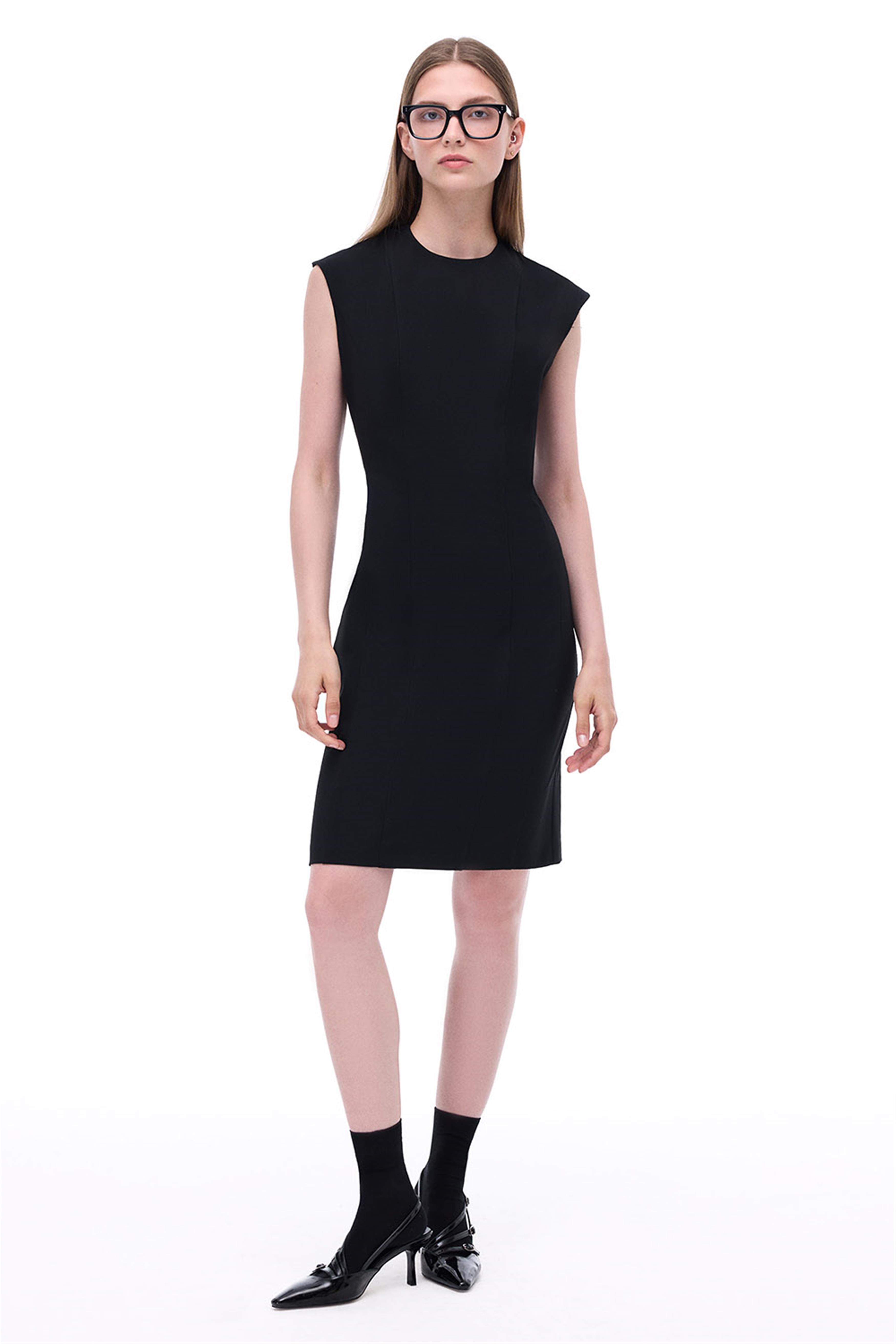 Always Slim Fit Diz Altı Düşük Kollu V-Yaka Siyah Elbise