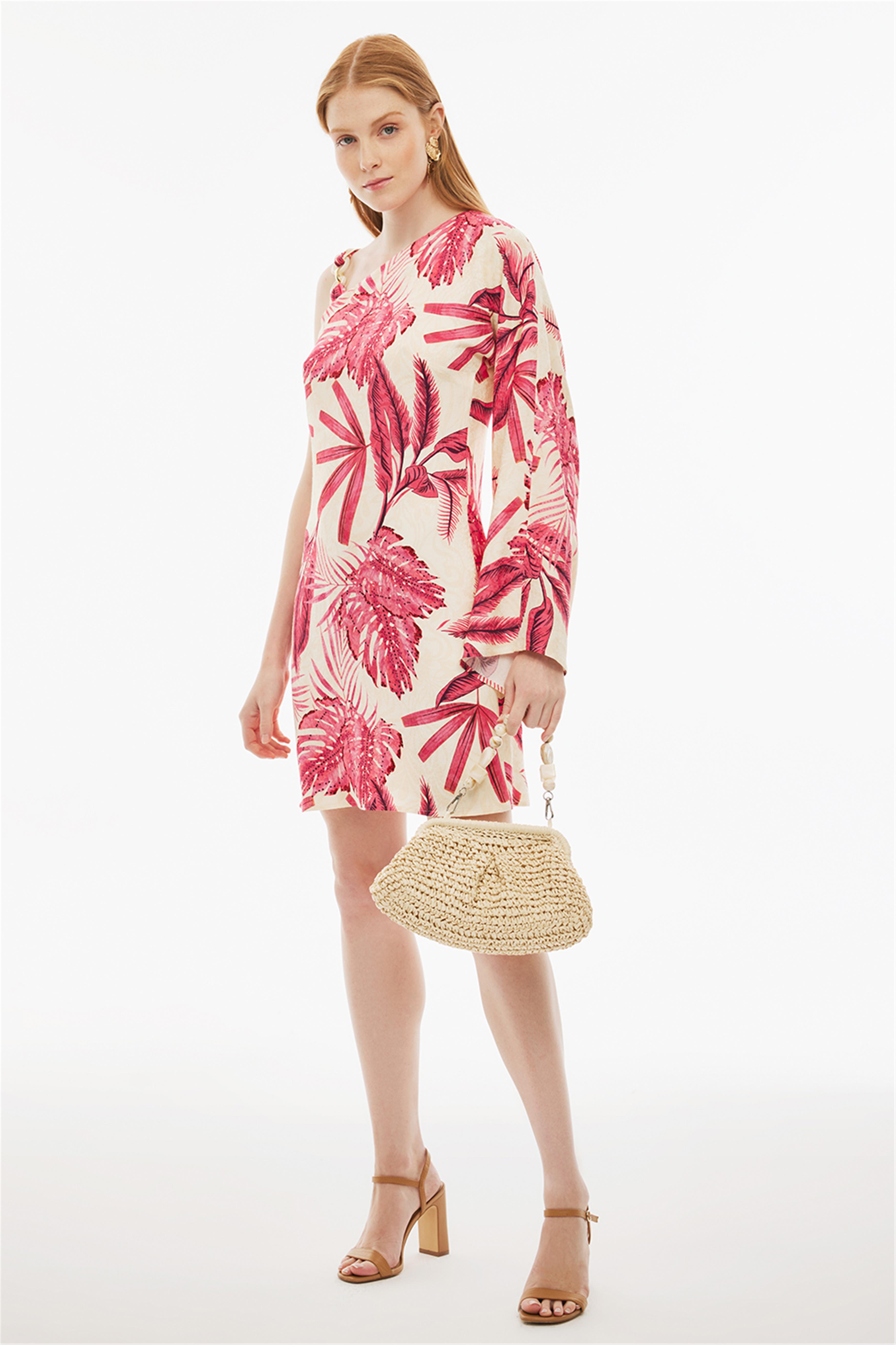 Bromes Regular Fit Çiçek Desenli Midi Boy Asimetrik Yaka Fuşya Renk Elbise · 2