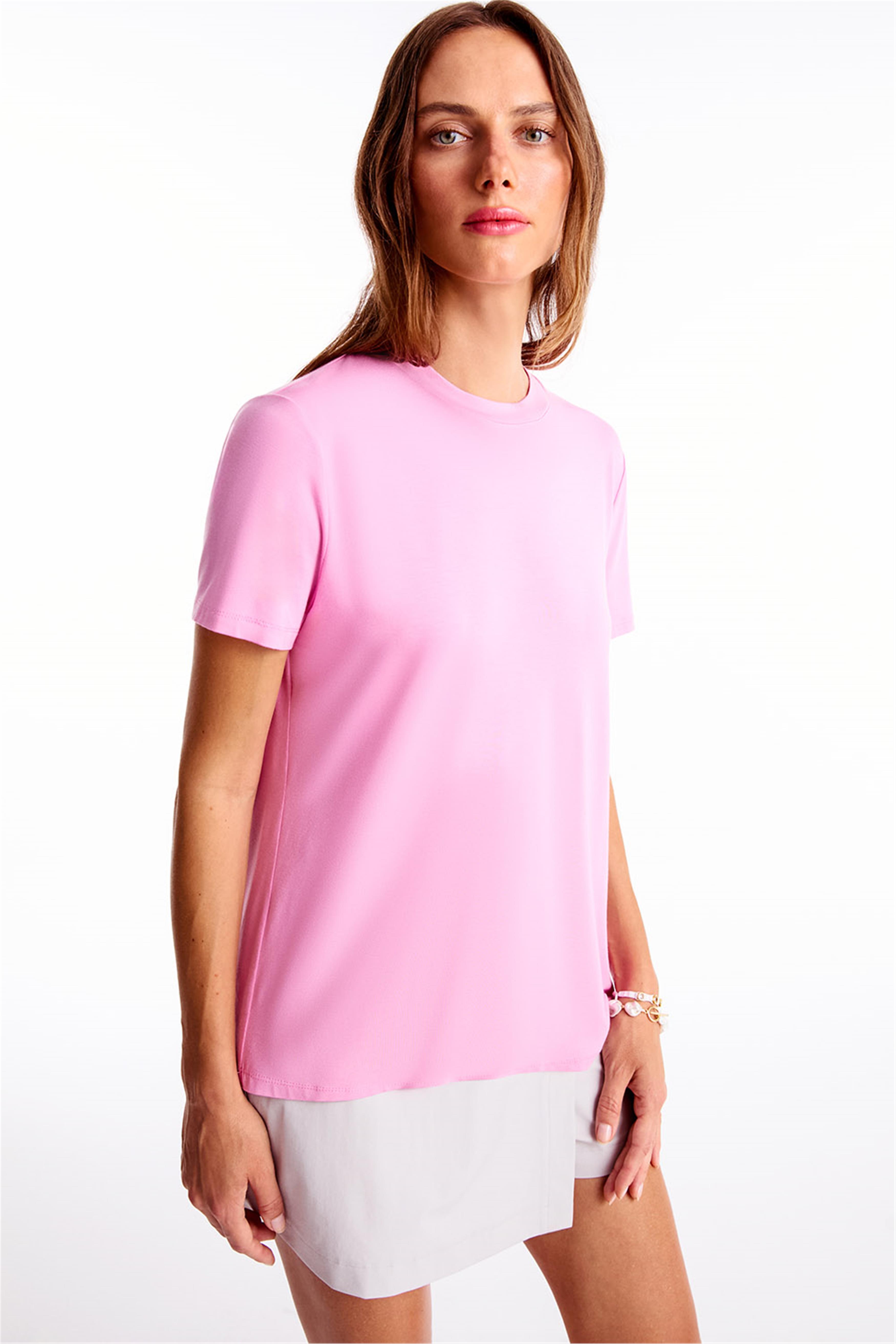 Chuns Pembe Renk Regular Fit Bisiklet Yaka Takma Kol Tişört · 2