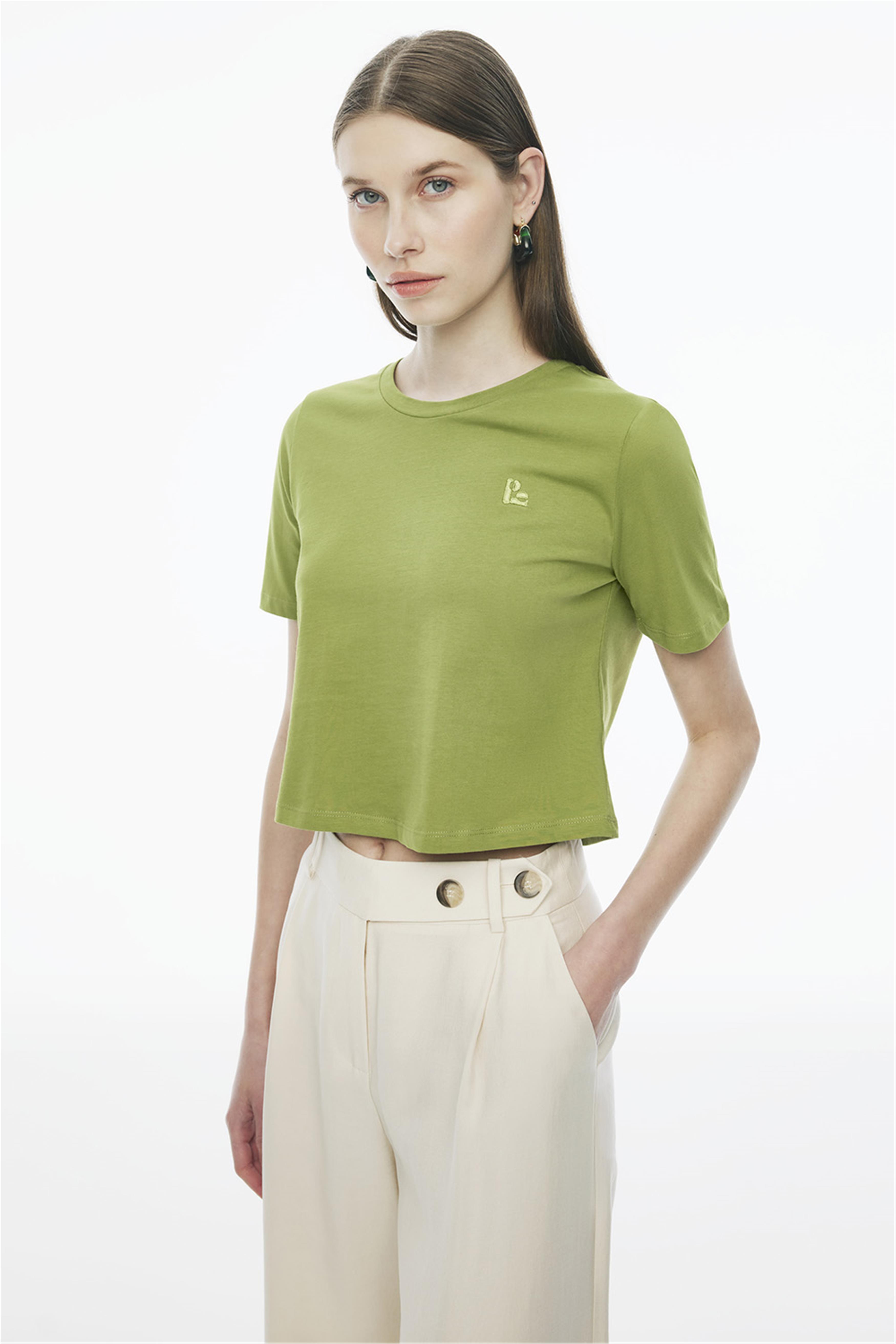 Kelins Regular Fit Crop Boy Bisiklet Yaka Açık Yeşil Renk Kadın Tişört · 2