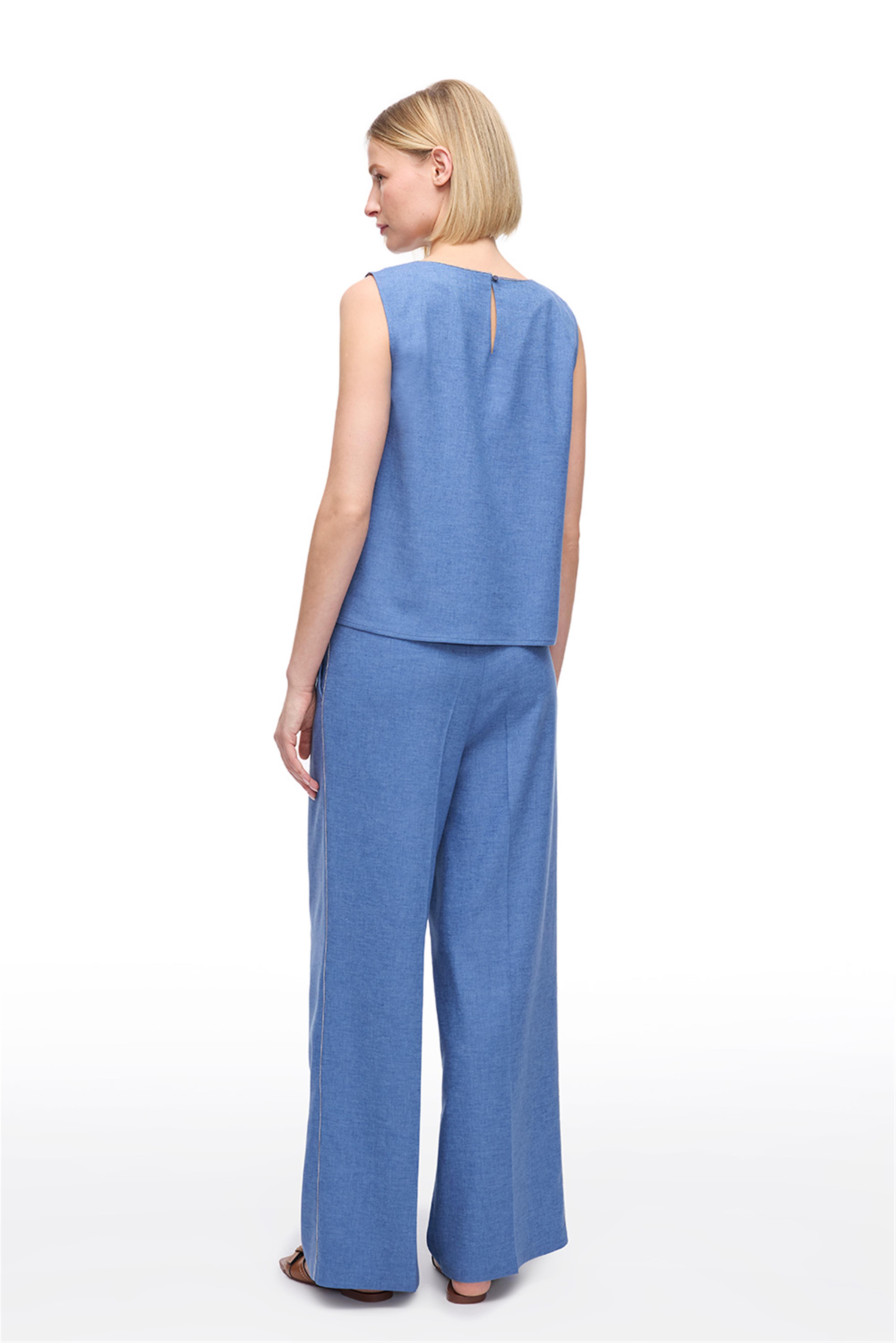 Mavi Yüksek Bel Pamuk Keten Karışımlı Wide Leg Pantolon · 4