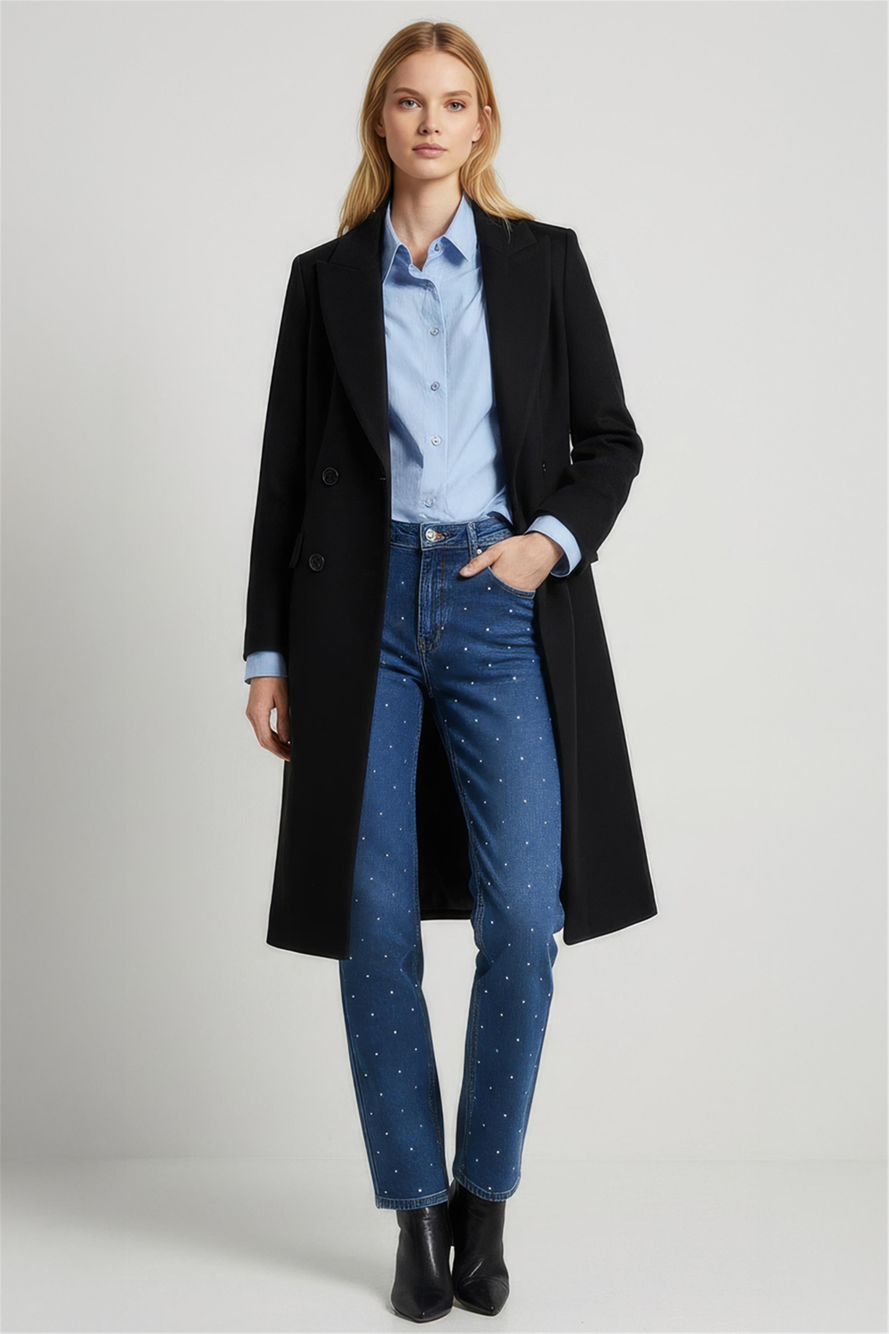 Mona Slim Fit Uzun Boy Takma Kol Erkek Yaka Siyah Renk Kadın Kaban