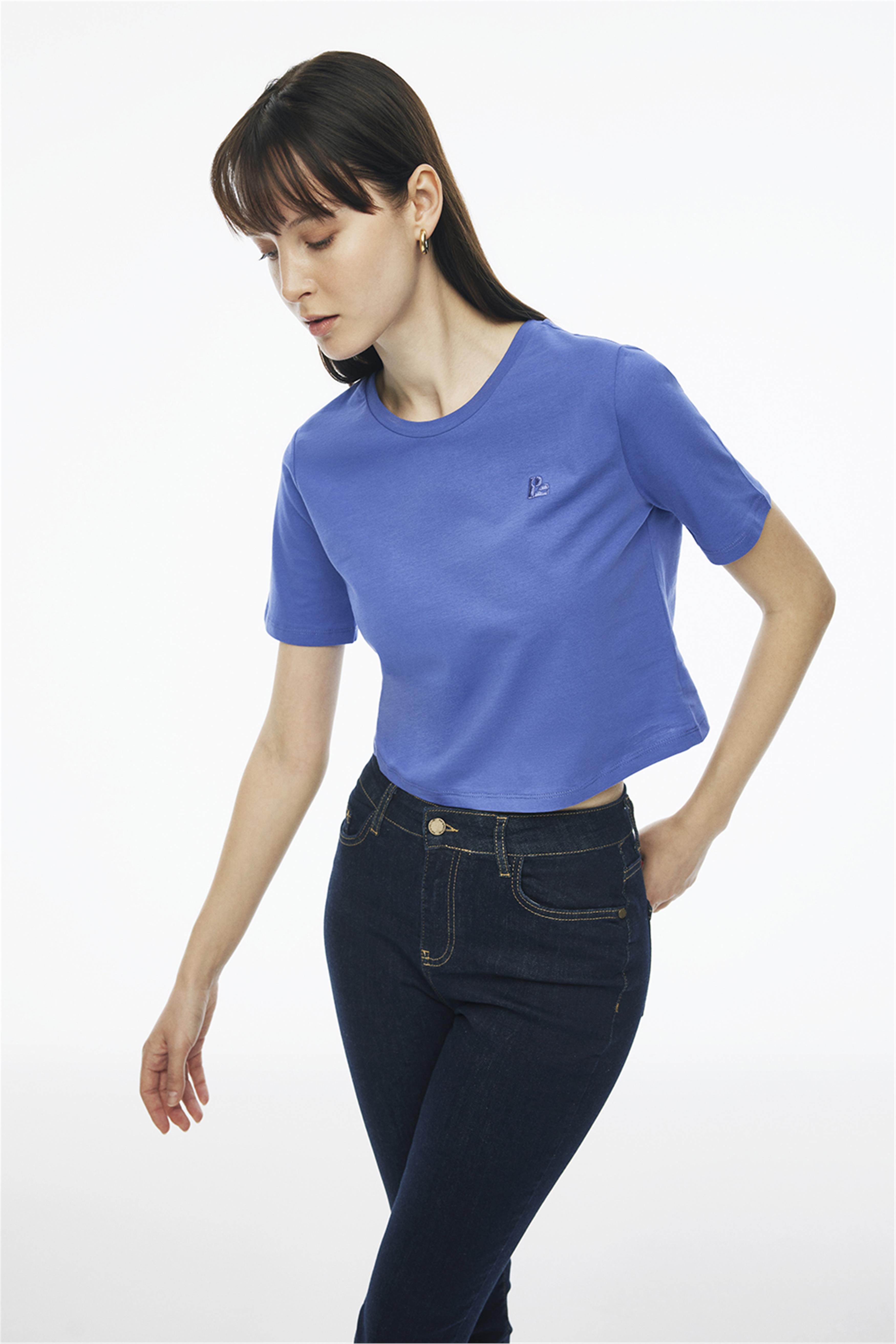 Kelins Regular Fit Crop Boy Bisiklet Yaka Mor Renk Kadın Tişört · 3