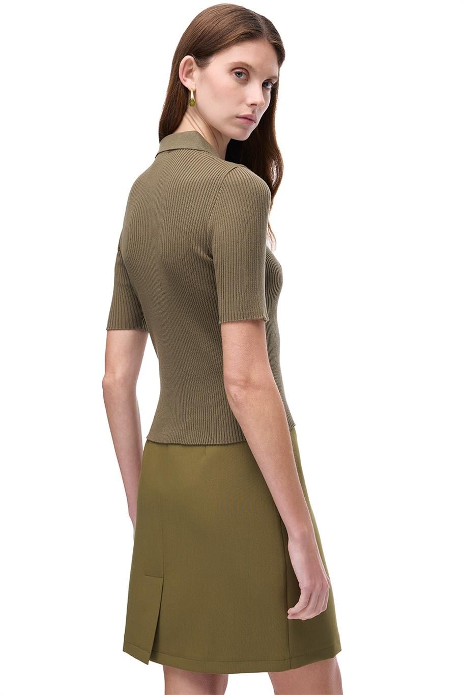 Triko Slim Fit Standart Boy Takma Kol Gömlek Yaka Hakı Bluz · 5