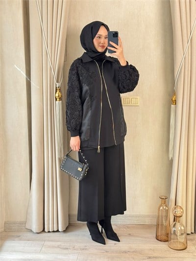 SBL Yakası Taş İşlemeli Bomber Ceket Siyah