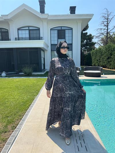 Çicekli Yazlık Elbise Siyah