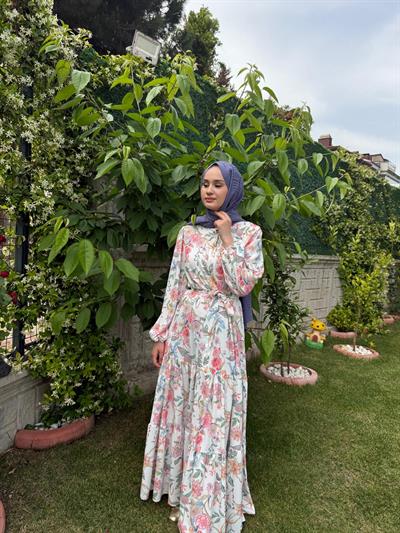 Çicekli Yazlık Şİfon Elbise Pembe