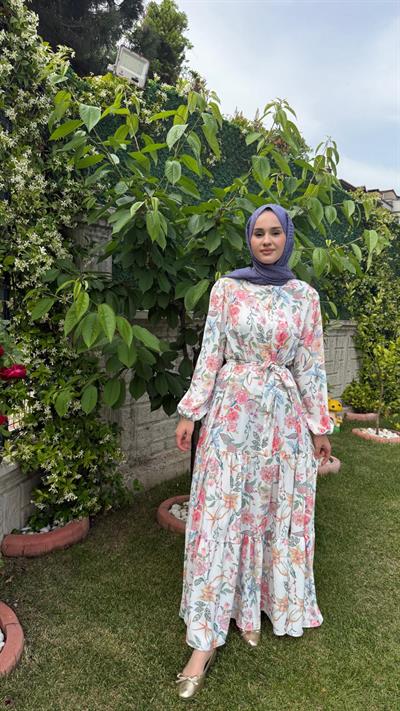 Çicekli Yazlık Şİfon Elbise Pembe