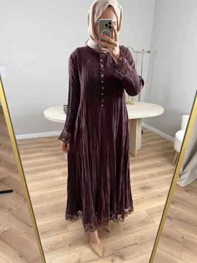 Lissmore 6275 Etek Ucu Dantelli İpek Elbise Bordo