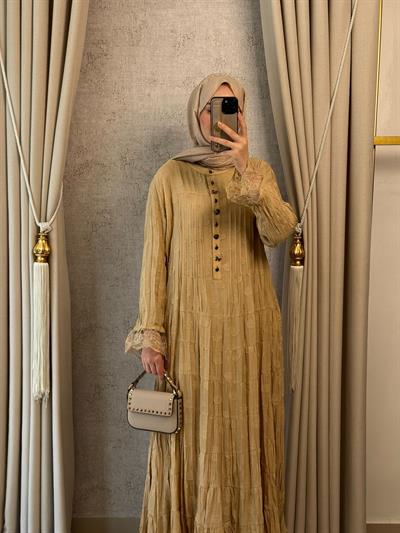 Lissmore 6303 Etek Ucu Dantel Detay Elbise Camel