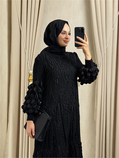 MMZ Balon Kol Bürümcük Elbise Siyah
